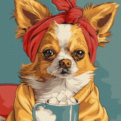 Desenho digital de um cão chihuahua com lenço vermelho na cabeça e manto amarelo segurando uma caneca azul com marshmallows