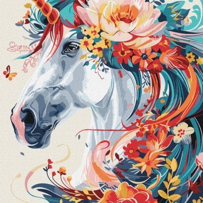 Ilustração colorida de um unicórnio com flores e crina colorida