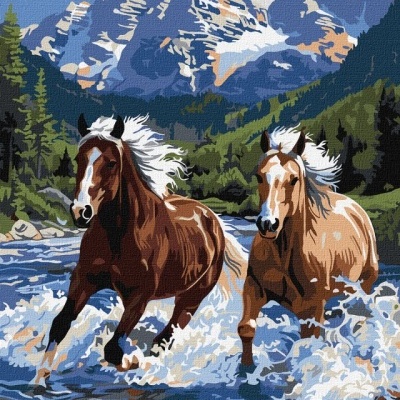 Pintura de dois cavalos a correr na água com montanhas ao fundo