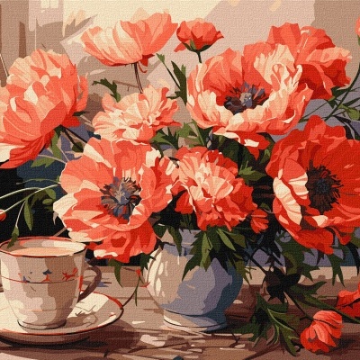 Ilustração de flores cor-de-rosa num vaso cinzento com uma chávena e pires ao lado sobre mesa de madeira