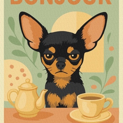 Ilustração de cão preto e castanho com bule e chávena de chá em fundo verde e texto BONJOUR MON AMOUR