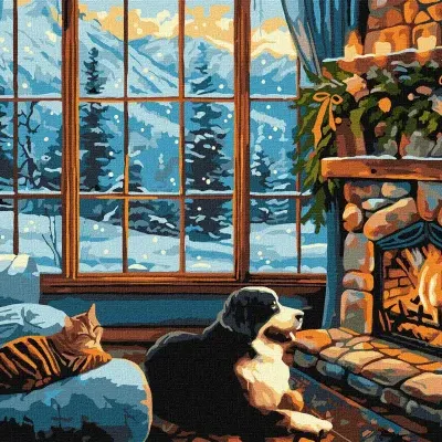 Interior acolhedor com janela, gato, cão e lareira