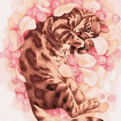 Pintura texturizada de gato castanho malhado rodeado por flores rosas e bolhas.