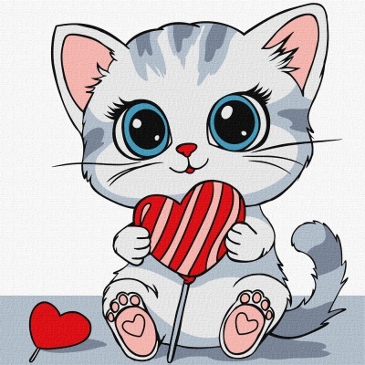 Ilustração de gato cinza e branco segurando pirulito em forma de coração