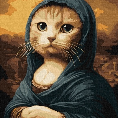 Pintura digital de gato com manto azul escuro e fundo castanho quente.