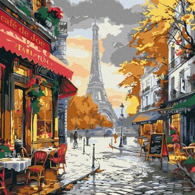 Imagem artística de um café de rua com toldos vermelhos e a Torre Eiffel ao fundo