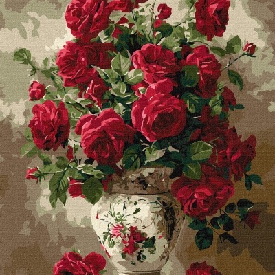 Vaso de cerâmica com ramo de rosas vermelhas pintado em tela