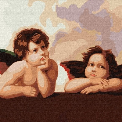 Dois anjos com asas negras e vermelhas sobre um fundo claro abstrato