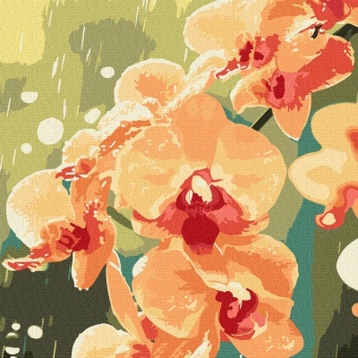Pintura em tela de flores de orquídea laranja e vermelho com fundo abstrato verde e amarelo