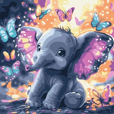 Pintura de elefante azul com orelhas cor-de-rosa e borboletas coloridas