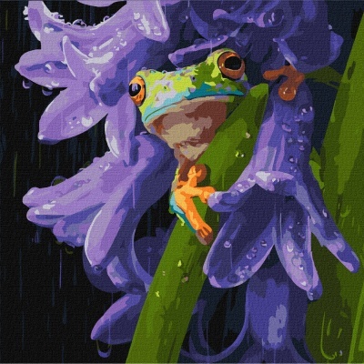 Pintura digital de rã colorida entre flores roxas e caule verde