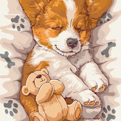 Desenho de cachorro a dormir com ursinho de pelúcia