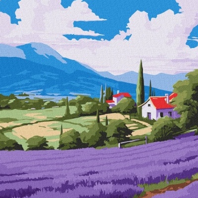 Pintura digital de campo de lavanda roxa com casas brancas de telhados vermelhos, árvores verdes, montanha azul ao fundo e céu azul com nuvens.