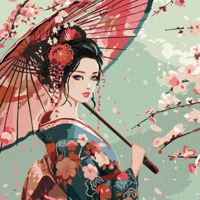 Mulher asiática com quimono floral e guarda-chuva rosa entre flores cor-de-rosa