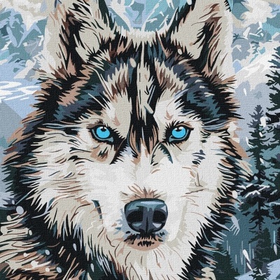 Pintura digital de um lobo com olhos azuis e montanhas nevadas ao fundo