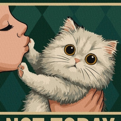 Poster ilustrado de um gato branco e um rosto humano com texto NOPE NOT TODAY