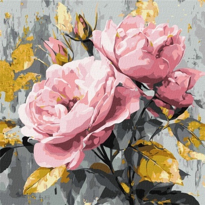 Pintura de flores rosas e botões com folhas amarelas e fundo cinza texturizado