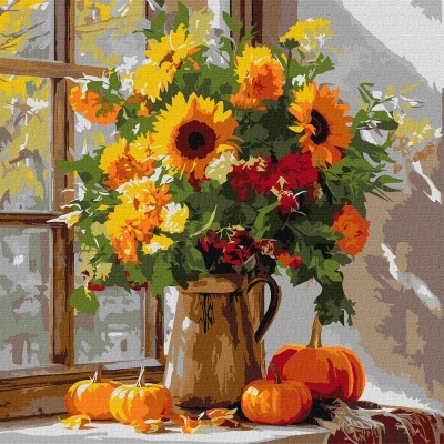 Quadro pintado a óleo de flores coloridas em vaso com abóboras na mesa junto a janela.