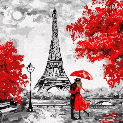 Desenho estilizado da Torre Eiffel com casal e árvores vermelhas