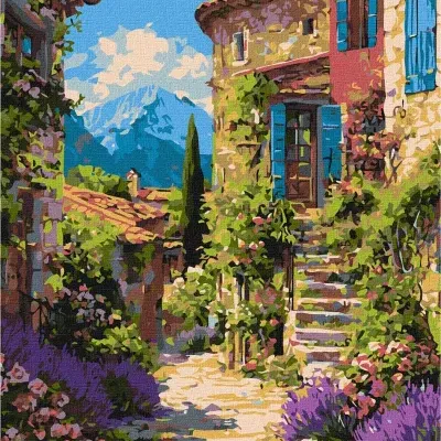 Paisagem pintada de rua rústica com casas em pedra e flores coloridas