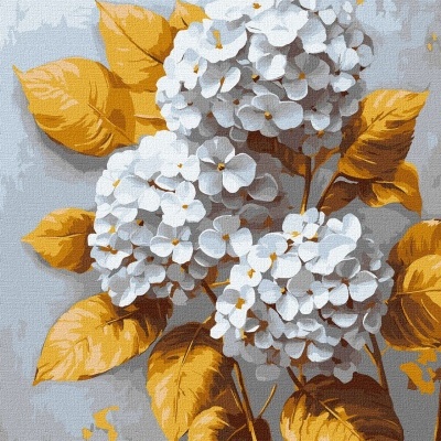 Pintura em tela de flores brancas e folhas amarelas