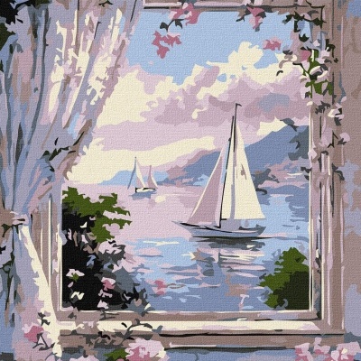 Pintura de barco à vela com moldura floral