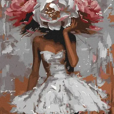 Imagem artística de mulher com vestido branco e chapéu de flores grandes