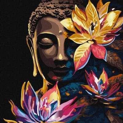 Pintura de Buda com flores coloridas em fundo preto