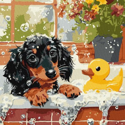 Pintura de um cachorrinho numa banheira com espuma e pato de borracha