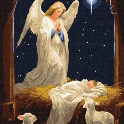 Cena de presépio com anjo, bebé, ovelhas, feno e céu estrelado