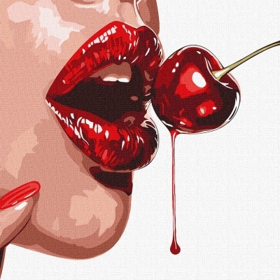 Rosto feminino estilizado com lábios vermelhos e cereja vermelha com gota