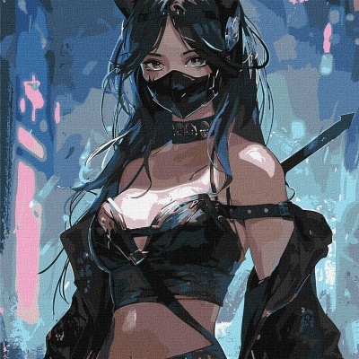 Personagem feminina com orelhas de gato e roupa preta num cenário urbano noturno