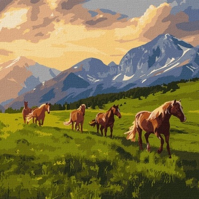 Pintura por números de cavalos em campo com montanhas e céu colorido