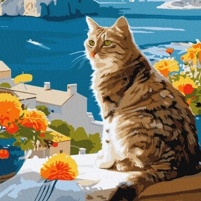 Gato riscado sentado numa mesa com flores e mar ao fundo em pintura texturizada.