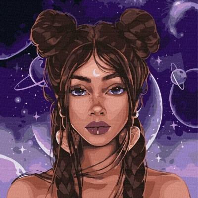 Ilustração digital de mulher com cabelo castanho, fundo espacial roxo com planetas