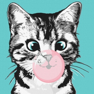 Ilustração de gato preto e branco a fazer bolha de pastilha elástica rosa num fundo azul claro