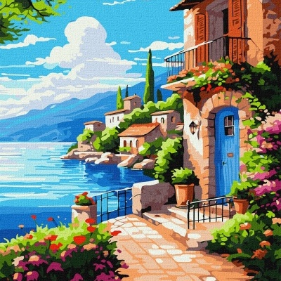 pintura digital de casa com porta azul e mar ao fundo
