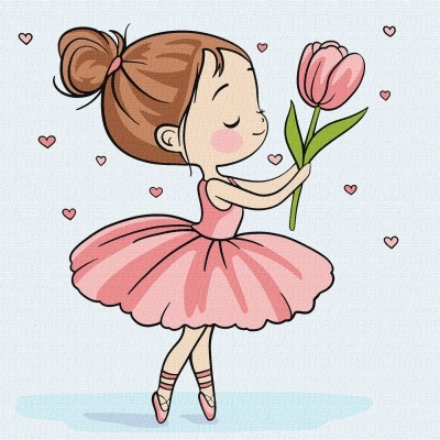 Desenho de bailarina criança em vestido cor-de-rosa a segurar tulipa cor-de-rosa