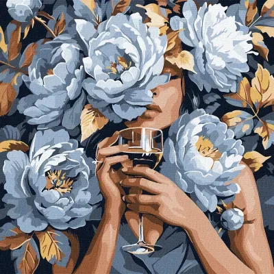 Ilustração digital de mulher com flores grandes e taça de vinho.