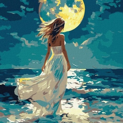 Pintura de mulher com vestido branco na praia à noite com lua grande