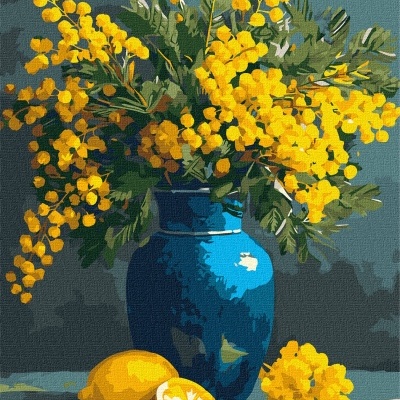 Pintura de vaso azul com flores amarelas e limões