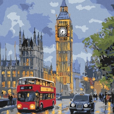 Pintura digital do Big Ben com autocarro vermelho e táxi preto numa rua à noite