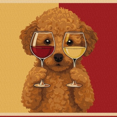 Desenho de cão com copos de vinho e texto engraçado em fundo colorido