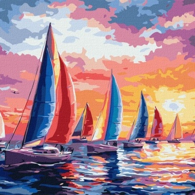 Pintura digital de veleiros coloridos navegando ao pôr do sol