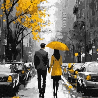 Casal caminhando por rua molhada com árvores e carros em tons cinza e amarelo