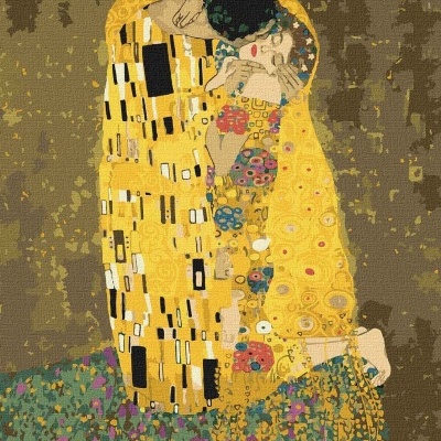 Tapeçaria ou quadro de 'O Beijo' de Gustav Klimt com cores amarelas e padrões geométricos e florais