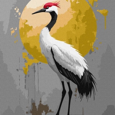 Ilustração de cegonha branca com crista vermelha e círculo amarelo de fundo