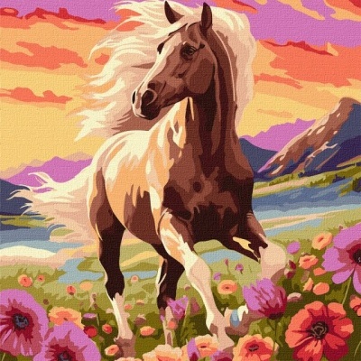 Pintura de cavalo castanho claro correndo numa campina florida sob céu colorido