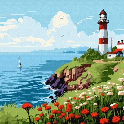 Ilustração de farol vermelho e branco junto ao mar com flores e veleiro