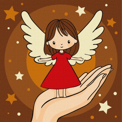 Desenho animado de anjinha com vestido vermelho em mão humana com fundo de estrelas.